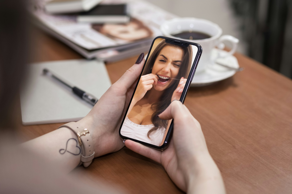 Ilustración de una persona frente al espejo realizando su higiene bucal, con íconos de advertencia sobre prácticas virales en redes sociales y el uso correcto del cepillado, hilo dental y enjuague bucal.